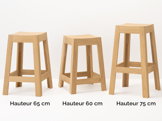 Tabouret de bar et cuisine en bois hauteur 65, 60 et 75 cm - Made in France